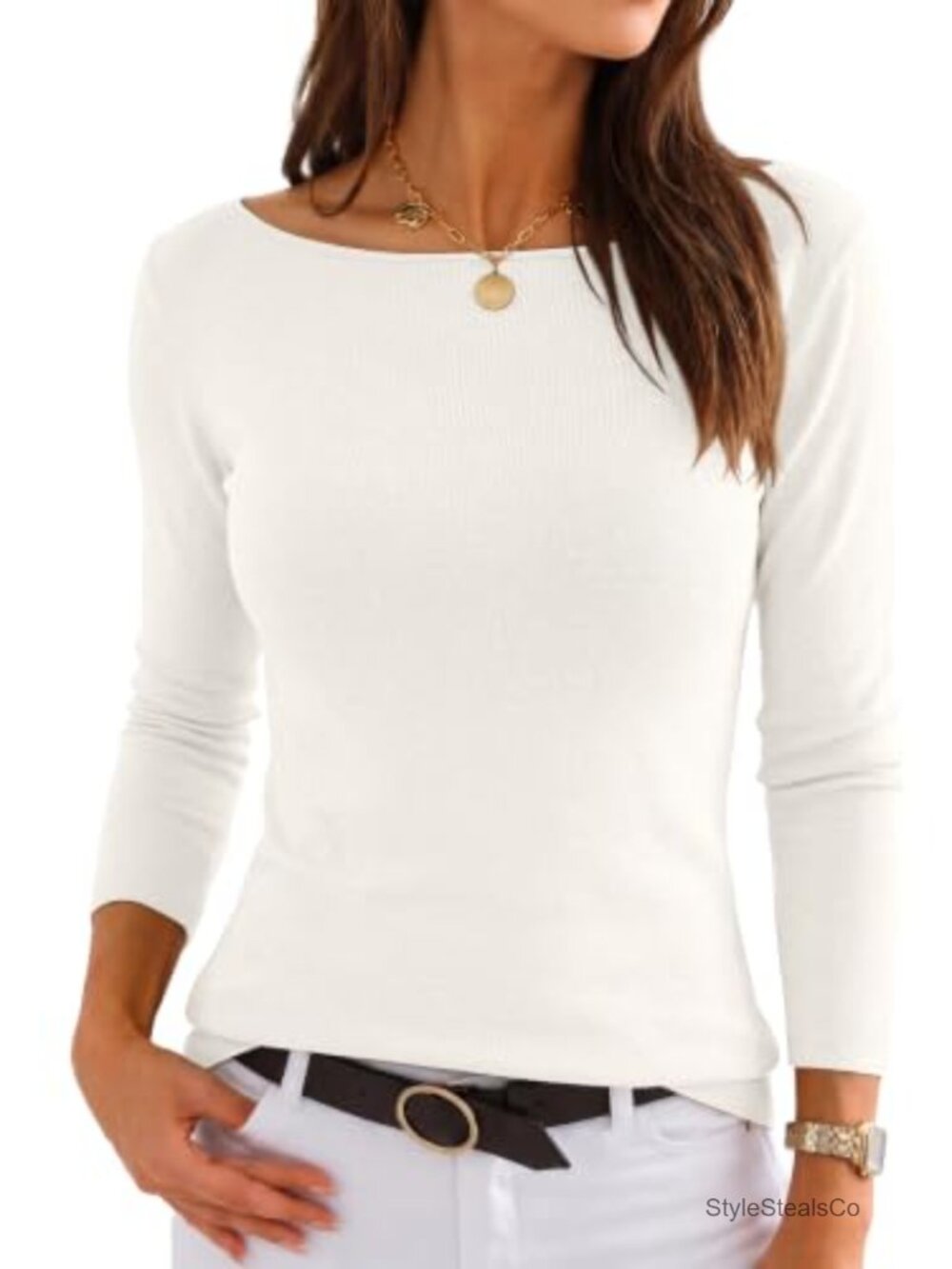 Women's Slim Fit Long Sleeve Boat Neck Lightweight Pullover Sweater